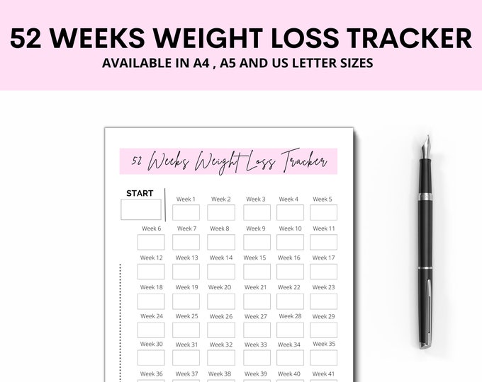 Printable Weight Loss Tracker, Fillable | 52 Weeks Weight Loss Tracker ...