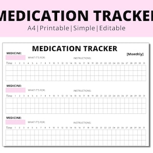 May include: A printable medication tracker with three sections for recording medicine name, what it's for, instructions, and time of day. Each section has a grid with 31 columns for each day of the month.