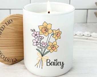 Birth Flower Candle Personalized With Name, Custom Birth Flower Gift for Women, March Birthday Gift