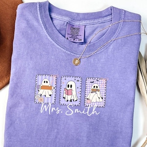 Personalized Teacher Ghost Comfort Colors Shirt, Halloween Teacher Shirt, Custom Teacher Tshirt, Cute Teacher Tee, Funny Teacher Shirt Fall