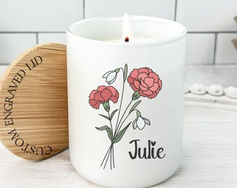 Birth Flower Candle Personalized With Name, Custom Birth Flower Gift for Women, January Birthday Gift