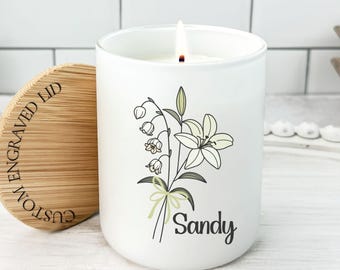 Birth Flower Candle Personalized With Name, Custom Birth Flower Gift for Women, May Birthday Gift