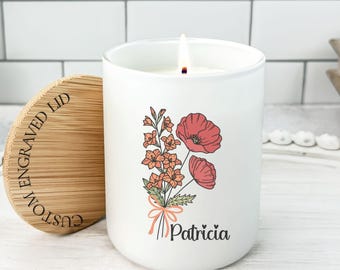 Birth Flower Candle Personalized With Name, August Birthday Gift, Custom Birth Flower Gift for Women
