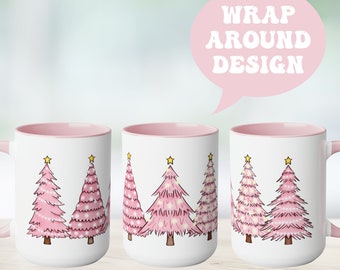 Pink Christmas Tree Mug, Pink Christmas Tree Wrap Mug, Christmas Mug, Hot Chocolate Mug, Pink Mug Gift, Christmas Gift, Pink Christmas Decor