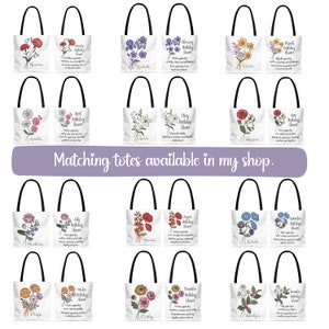 May include: Twelve white tote bags with black handles, each featuring a different flower and the month of the year. Each bag also includes the text "Birthday Flower" and a description of the flower's meaning.