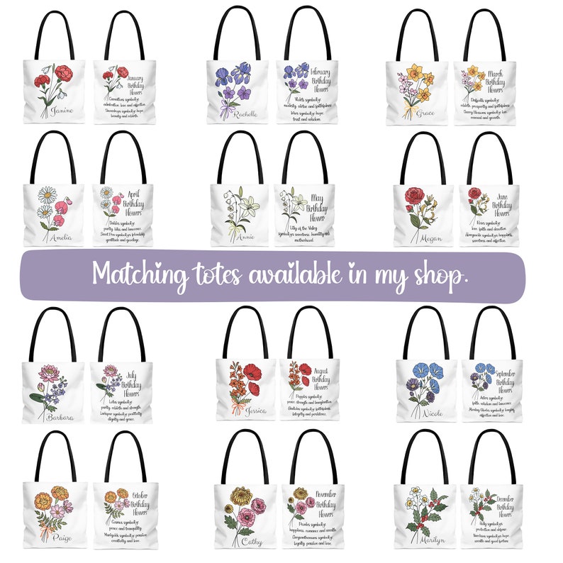 May include: Twelve white tote bags with black handles, each featuring a different flower and the month of the year. Each bag also includes the text "Birthday Flower" and a description of the flower's meaning.
