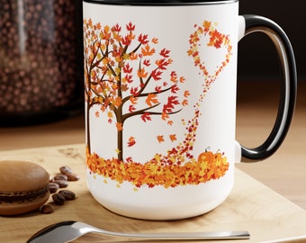 Fall Leaves Coffee Mug, Pumpkin Coffee Cup, Fall Gifts,  Autumn Leaves with Heart, Gift for Fall Lover, 15oz Mug