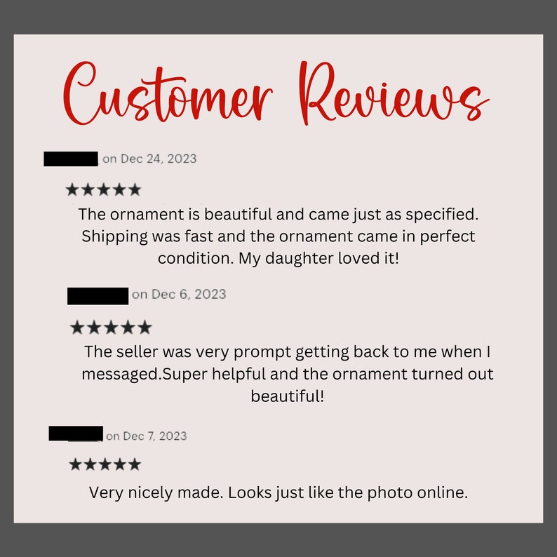 Puede incluir: Imagen de rese&ntilde;as de clientes con una calificaci&oacute;n de cinco estrellas. Las rese&ntilde;as mencionan la belleza del adorno, el env&iacute;o r&aacute;pido y el vendedor &uacute;til. El texto dice: "Customer Reviews" en escritura roja.