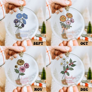 Puede incluir: Adornos de cristal transparente con dise&ntilde;os florales y nombres: Savannah, Jennifer, Lori y Marilyn. Cada adorno tiene una tapa dorada e incluye texto con el mes y los rasgos asociados. Los adornos son sostenidos por una persona.