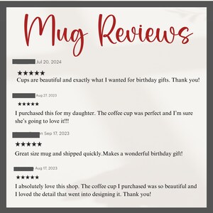 May include: Mug Reviews with customer testimonials.  Five star reviews for mugs purchased for birthday gifts.  The reviews highlight the quality, design, and fast shipping of the mugs.