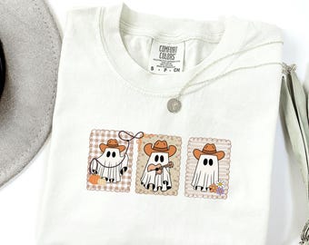 Camisa Western Comfort Colors®, Camisa fofa de Halloween, Camiseta engraçada de caubói fantasma, Camisa Western de Halloween, Camisa assustadora de outono, Presente para garota do interior