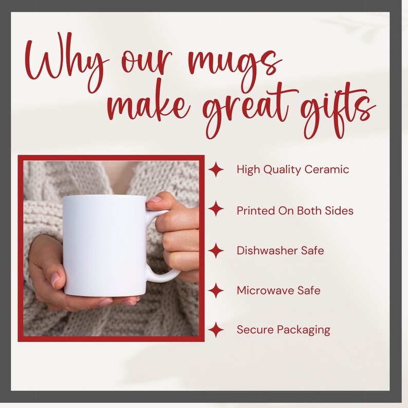 May include: A white ceramic mug with a handle, held by a person's hands. The mug is blank and ready for personalization. The text "Why our mugs make great gifts" is at the top of the image. Below the mug, a list of features is shown: High Quality Ceramic, Printed On Both Sides, Dishwasher Safe, Microwave Safe, Secure Packaging.