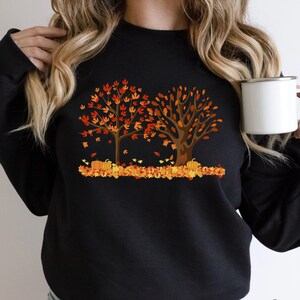 Herbstlaub-Shirt Frauen, niedlicher Herbstpullover, Damenpullover, Damen Herbstpullover, Herbstlaub-Sweatshirt, Herbstgeschenke für Frauen, grünes Hemd Black