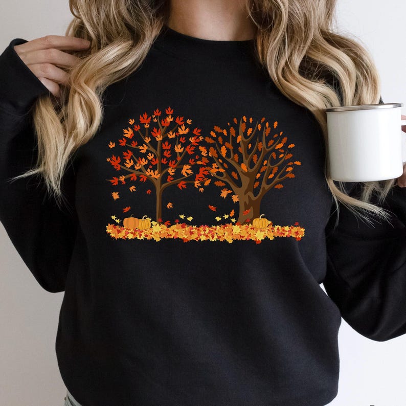 Herbstlaub-Shirt Frauen, niedlicher Herbstpullover, Damenpullover, Damen Herbstpullover, Herbstlaub-Sweatshirt, Herbstgeschenke für Frauen, grünes Hemd Black