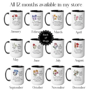May include: Twelve white mugs with black rims, each featuring a different month of the year and a bouquet of flowers. The mugs are arranged in four rows of three, with the text "Back of Mugs" in a black starburst shape in the center.