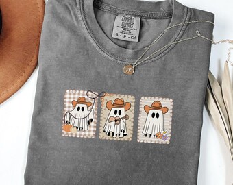 Camisa Western Comfort Colors®, Camisa fofa de Halloween, Camiseta engraçada de caubói fantasma, Camisa Western de Halloween, Camisa assustadora de outono, Presente para garota do interior