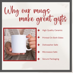 May include: A white ceramic mug with a handle, held by a person's hands. The mug is blank and ready for personalization. The text "Why our mugs make great gifts" is at the top of the image. Below the mug, a list of features is shown: High Quality Ceramic, Printed On Both Sides, Dishwasher Safe, Microwave Safe, Secure Packaging.