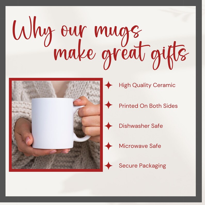 May include: A white ceramic mug with a handle, held by a person's hands. The mug is blank and ready for personalization. The text "Why our mugs make great gifts" is at the top of the image. Below the mug, a list of features is shown: High Quality Ceramic, Printed On Both Sides, Dishwasher Safe, Microwave Safe, Secure Packaging.