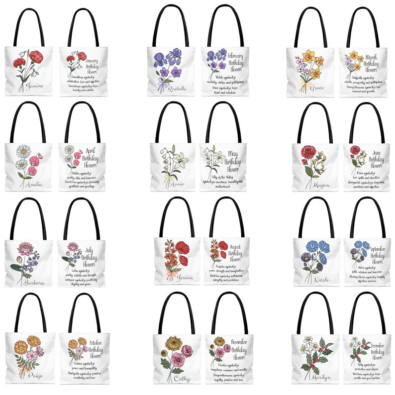 Birthday Gift for Women, Personalized Birth Month Flower Tote Bag, Bridesmaid Tote Bag Personalized, Gifts for Women, Custom Gift for Her image 1