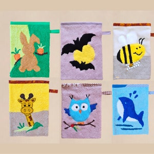 Children's wash mitt, washcloth with desired name animals image 1