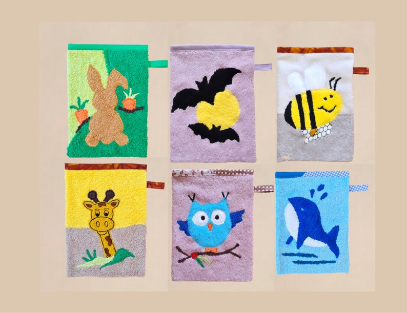 Children's wash mitt, washcloth with desired name animals image 1