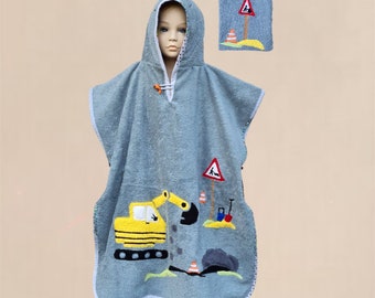 Children's bath poncho, bathrobe, hooded towel, construction site