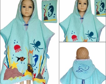 Personalisiert Kinder Badeponcho Bademantel Babyponcho Wunschnamen Tiere Meerestiere Strand