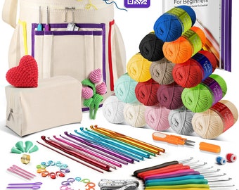 Beginner Crochet Kit with Yarn & Crochet Bag, Acrylic or Cotton Crochet Yarn, Crochet Hooks, Book and Accessories - Learn to Crochet Kit