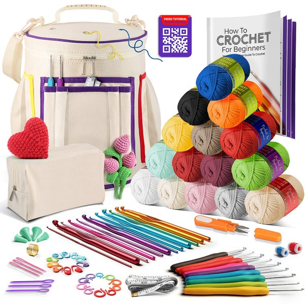 Kit crochet pour débutant avec fil et sac, fil acrylique ou coton, crochets, livre et accessoires - Kit d'apprentissage du crochet