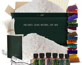May include: A green box filled with a 10-pound bag of natural soy wax flakes, six small bottles of essential oils, and other candle making supplies, including wicks, a booklet, and metal candle holders. The box also includes a sheet of adhesive stickers.