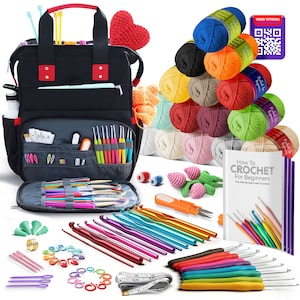 May include: A black crochet bag with multiple pockets and compartments, filled with crochet hooks, yarn, and other supplies. The bag is open and the contents are visible. There are also several balls of yarn in various colors, a crochet book titled "How to Crochet for Beginners", and a small crocheted flower.
