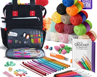 Beginner Crochet Kit with Yarn & Crochet Backpack, Acrylic or Cotton Crochet Yarn, Crochet guide Book and Supplies - Learn to Crochet Kit