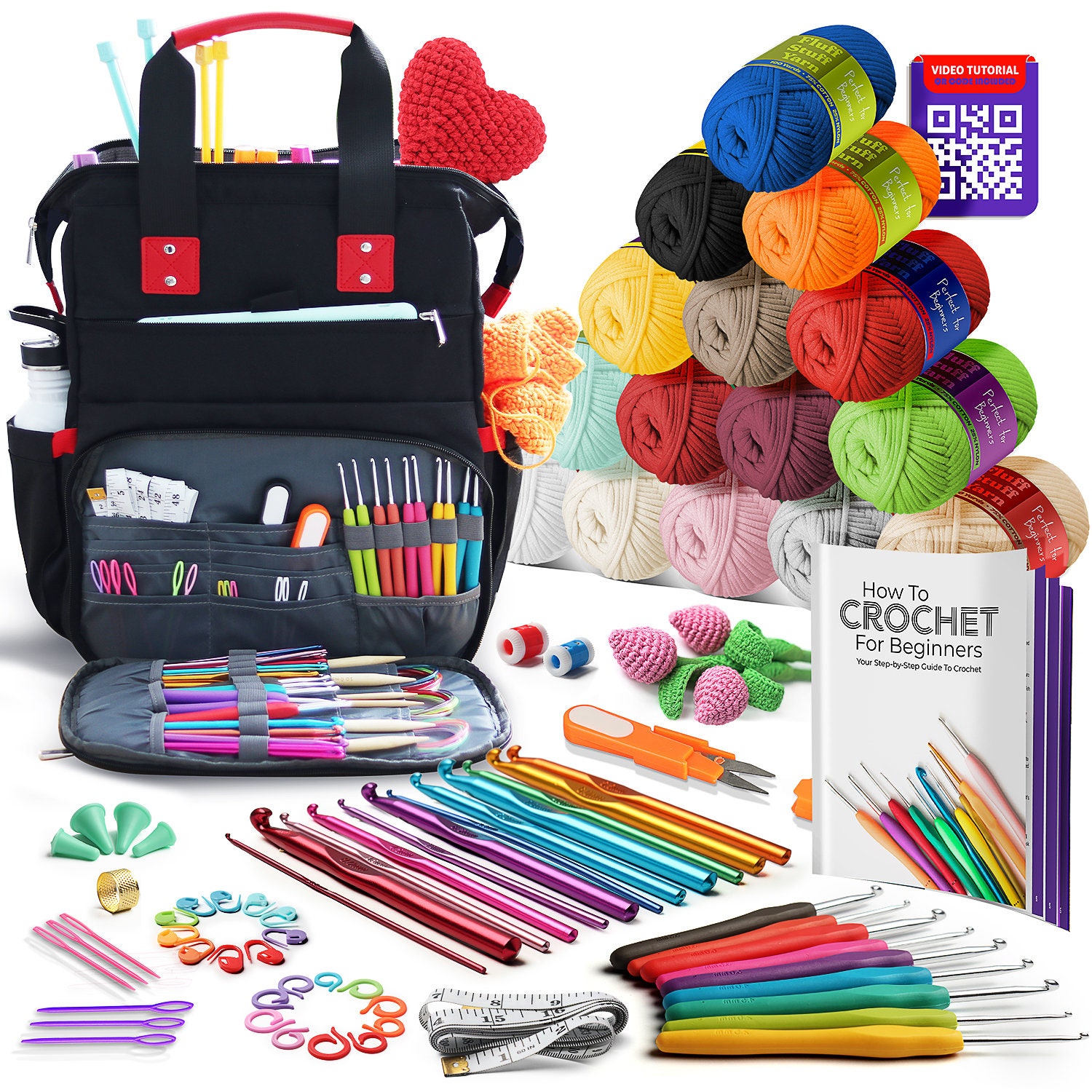 Beginner Crochet Kit with Yarn & Crochet Backpack, Acrylic or Cotton Crochet Yarn, Crochet guide Book and Supplies - Learn to Crochet Kit
