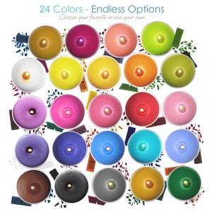 May include: 24 round candles in various colors, including yellow, red, pink, green, white, orange, purple, blue, brown, black, gray, and teal. The candles are arranged in a grid pattern on a white background. "24 Colors - Endless Options" and "Choose your favorite or mix your own" are written above the candles.