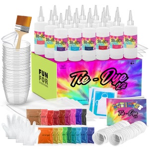 May include: Tie-dye kit with 12 bottles of dye, 14 packets of dye powder, rubber bands, gloves, a plastic funnel, a paintbrush, a white t-shirt, an apron, and a box with the text "Fun for Everyone" and "Tie-Dye Kit".