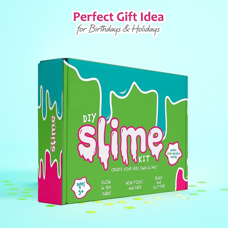 May include: A DIY slime kit in a green box with teal and pink accents. The box reads "DIY Slime Kit" and includes the text "Create your very own slime!" and "Glow in the dark!" The kit is for ages 5+.