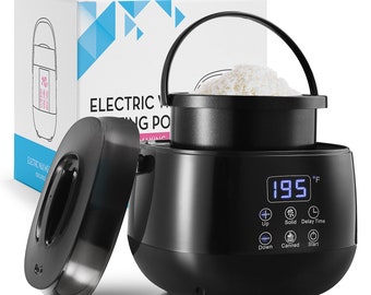 May include: Black electric rice cooker with a digital display showing 195 degrees Fahrenheit. The cooker has a lid with a handle and a button to start the cooking process. The cooker is sitting on a white surface.