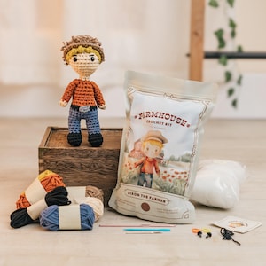 Crochet Kit for Beginners Adults and Kids, Amigurumi Kit, Easy To Learn Crochet Kits, Crochet Farm Animals, Dixon the Farmer, Crochet