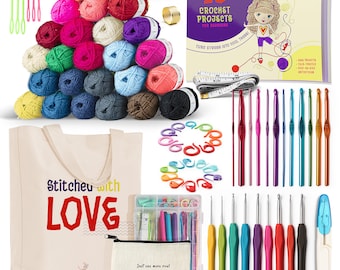 Beginner's Crochet Kit, Learn to Crochet Kit for Adults and Kids, 80 Pc Crochet Set with Patterns Book, Crochet Yarn & Hooks, Christmas Gift