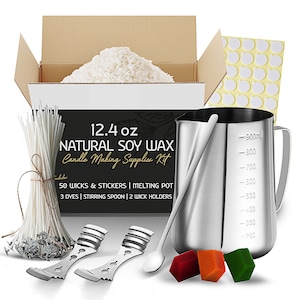 May include: A candle making kit with 12.4 ounces of natural soy wax, 50 wicks and stickers, a melting pot, 3 dyes, a stirring spoon, and 2 wick holders. The kit also includes a stainless steel measuring cup with a handle.