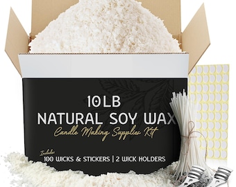 May include: A 10 lb box of natural soy wax flakes for candle making. The box includes 100 wicks and stickers, and 2 wick holders.