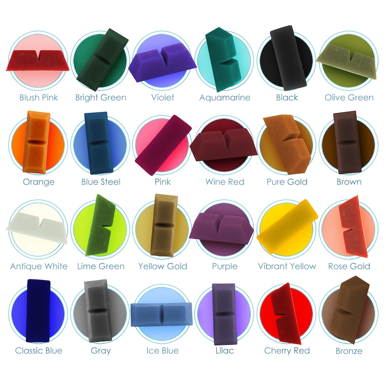 May include: A collection of 20 wax melts in various colors, including blush pink, bright green, violet, aquamarine, black, olive green, orange, blue steel, pink, wine red, pure gold, brown, antique white, lime green, yellow gold, purple, vibrant yellow, rose gold, classic blue, gray, ice blue, lilac, cherry red, and bronze.