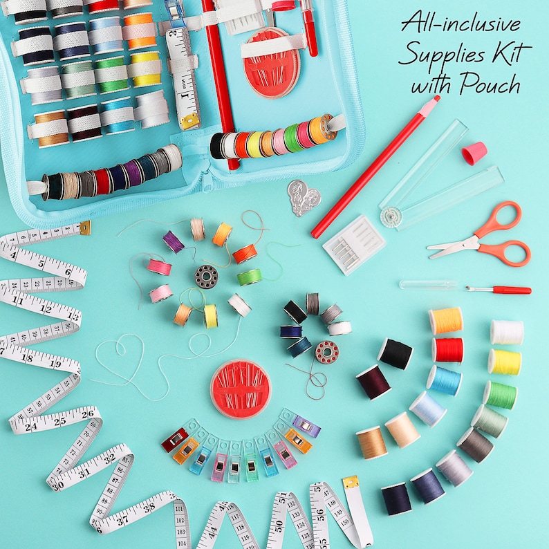 May include: A blue zippered case filled with colorful spools of thread, sewing needles, measuring tapes, and other sewing supplies. The case is labeled "All-inclusive Supplies Kit with Pouch".