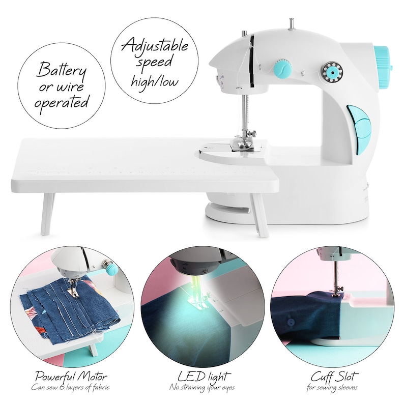 May include: White portable sewing machine with a blue and white foot pedal. The machine has a built-in LED light and a cuff slot for sewing sleeves. The machine can sew up to 6 layers of fabric. The machine is battery or wire operated and has an adjustable speed.