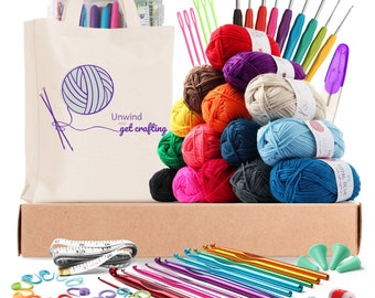 DIY Crochet Kit with Crochet Hooks Yarn Set for  All Ages -  Includes Yarn Balls, Needles, Accessories Kit, Tote Bag &  Lots More - 73 Piece