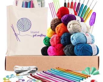 DIY Crochet Kit with Crochet Hooks Yarn Set for  All Ages -  Includes Yarn Balls, Needles, Accessories Kit, Tote Bag &  Lots More - 73 Piece