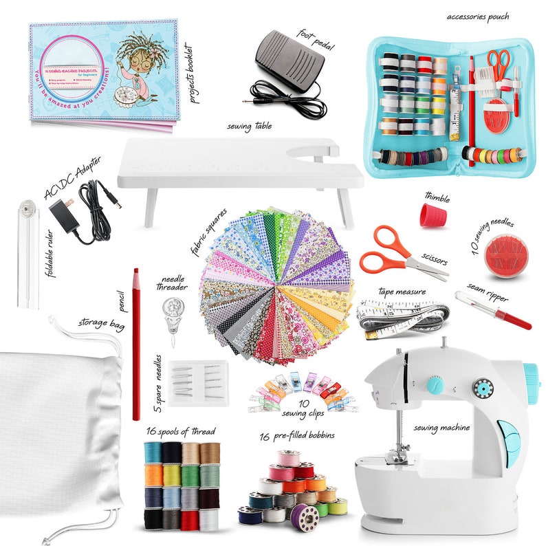 May include: A white sewing machine with a blue foot pedal and a variety of sewing supplies, including thread, needles, scissors, fabric squares, a thimble, a seam ripper, and a tape measure. The supplies are arranged on a white background.