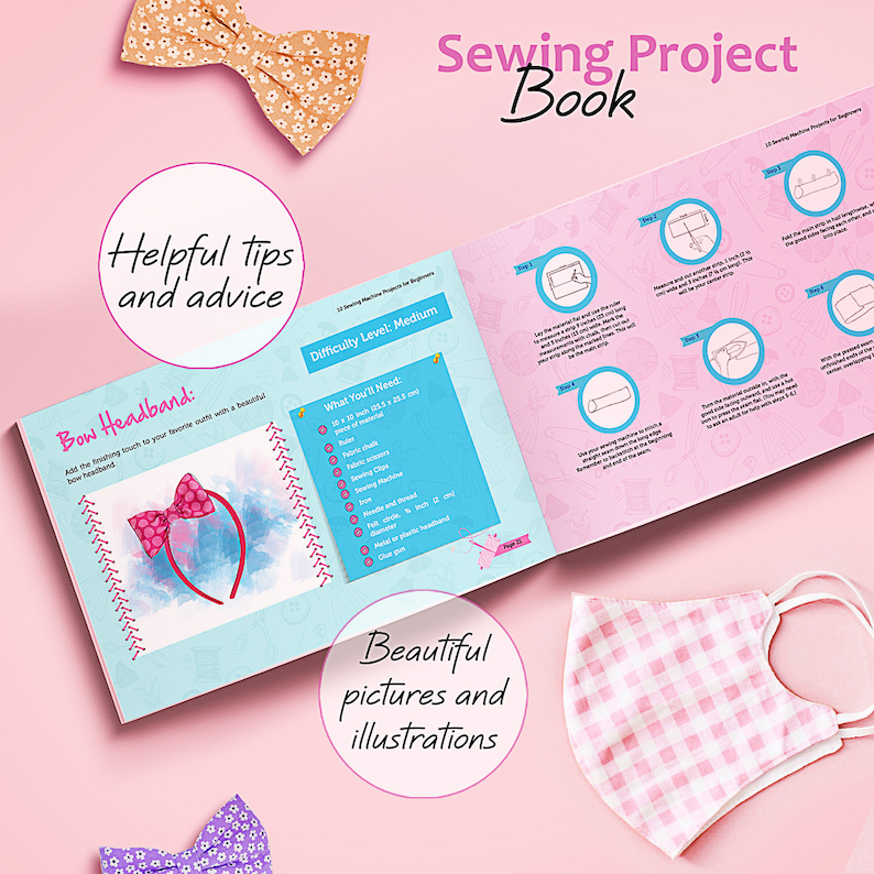 May include: A pink sewing project book with a bow headband illustration and instructions for making a bow headband. The book has the text "Sewing Project Book" on the cover and "Helpful tips and advice" on the inside.