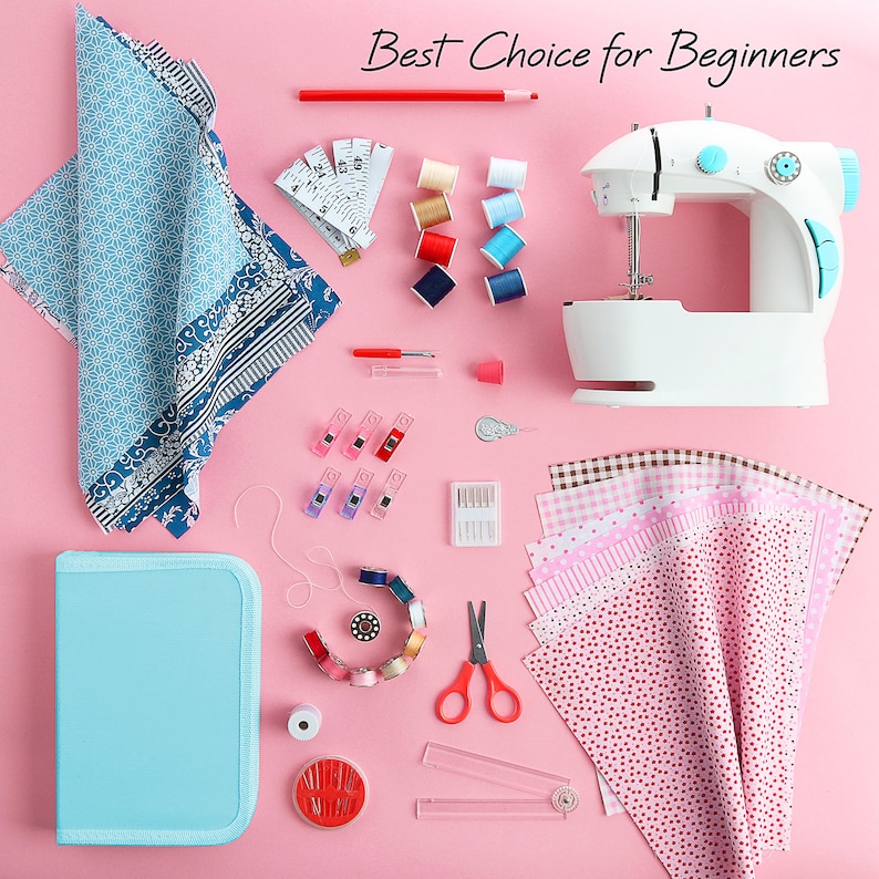 May include: A white sewing machine with a blue accent on the top, surrounded by various sewing supplies on a pink surface. The supplies include spools of thread, fabric scraps, scissors, needles, and a ruler. The text "Best Choice for Beginners" is written in black at the top of the image.