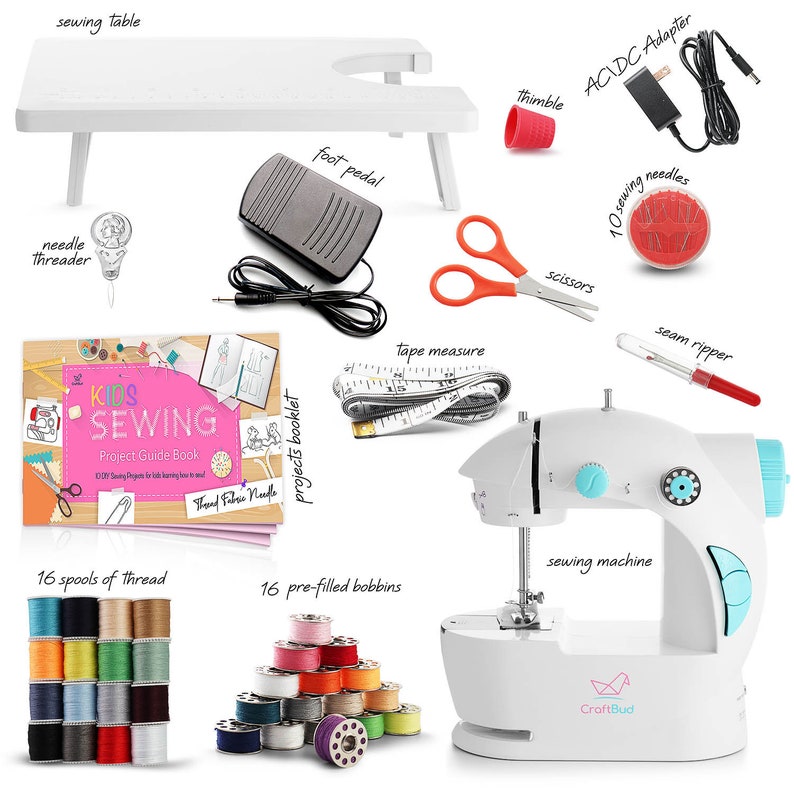 May include: A white sewing machine with a blue accent, a foot pedal, 16 spools of thread, 16 pre-filled bobbins, a needle threader, scissors, a tape measure, a seam ripper, a thimble, 10 sewing needles, a project guide book, and a sewing table.